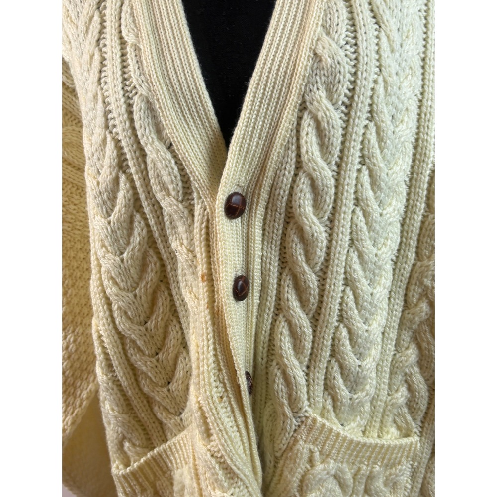 Vintage Cream Cable Knit Cardigan Sweater V-Neck Button Front Aran Knit Large‎